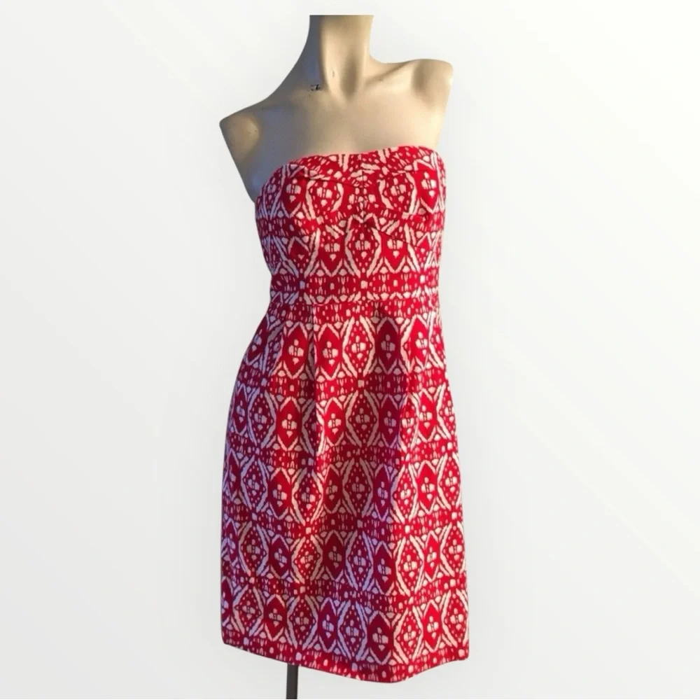 J. Crew Strapless Geometric Red and White Twee Feminine Midi Dress Size 4‎